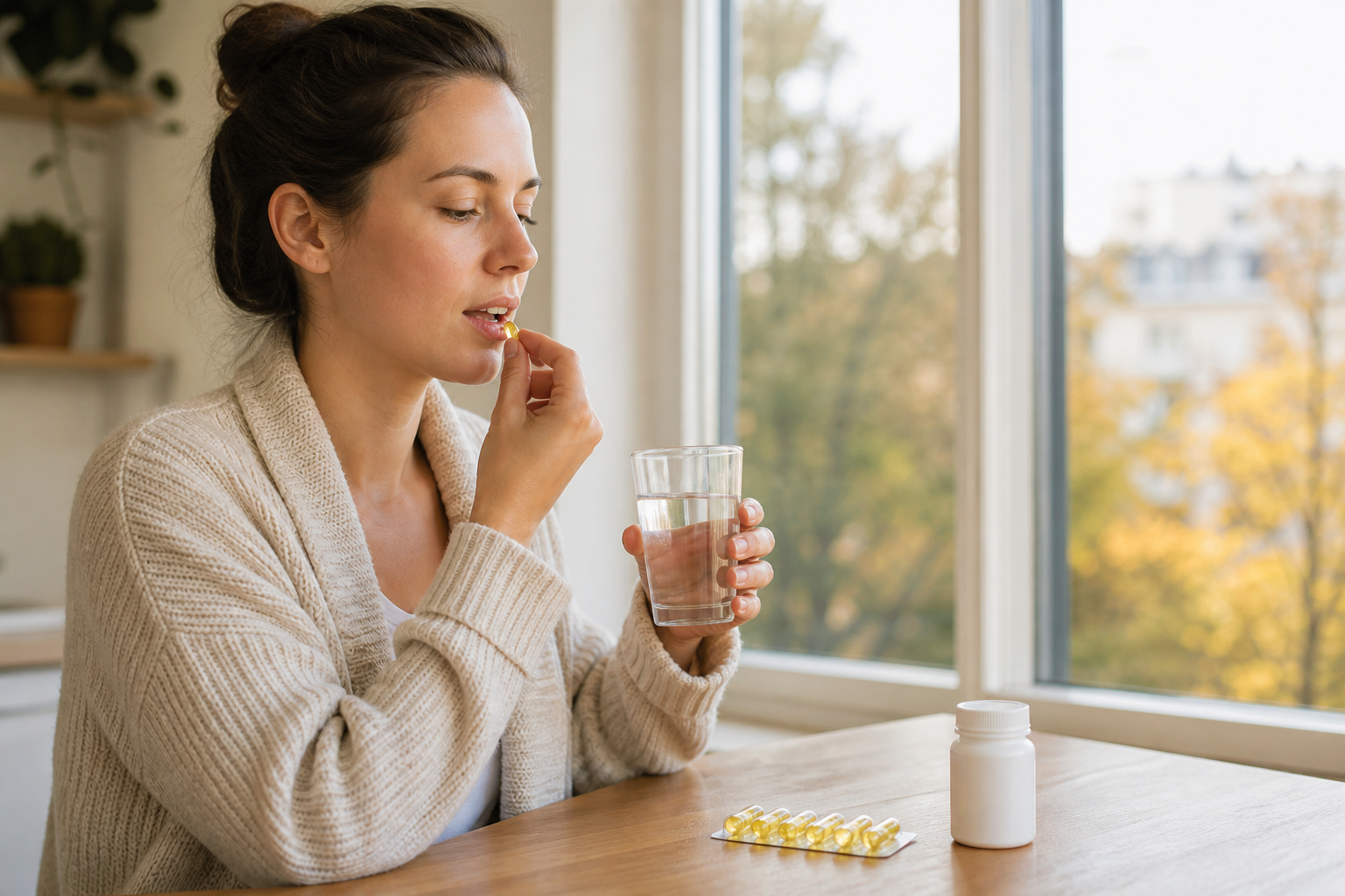 Femeie luând un supliment de vitamina D lângă fereastră, în lumina de dimineață