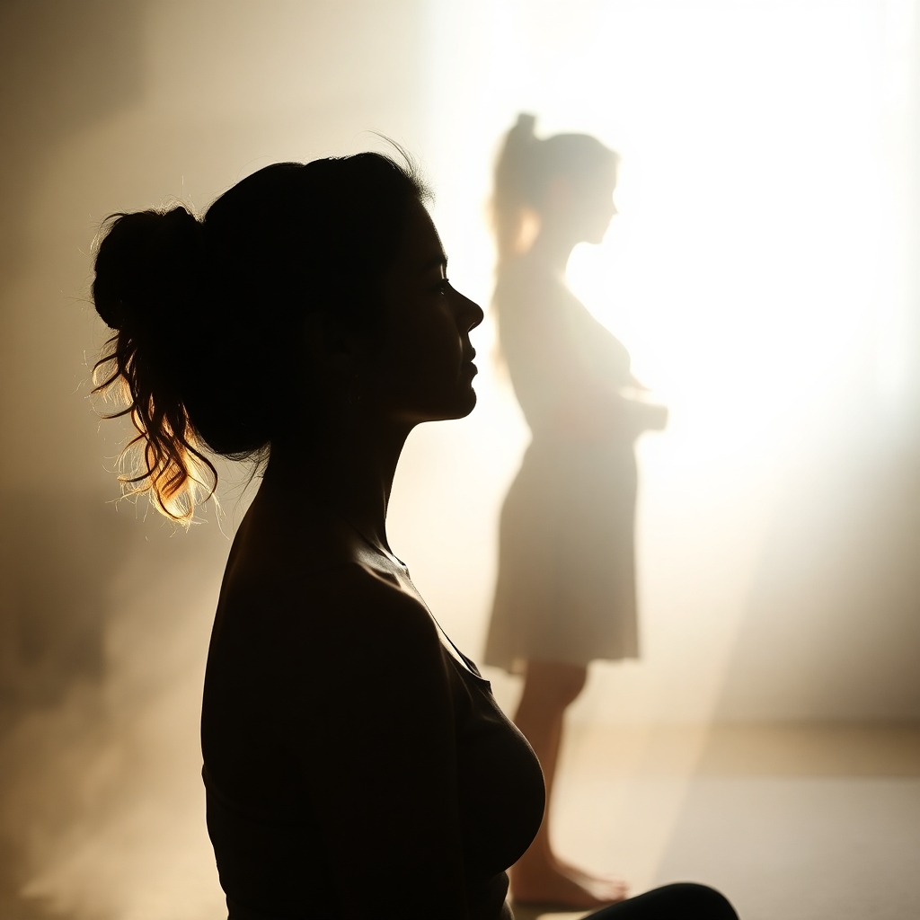 Silhouetted therapy session with backlighting, soft dreamy atmosphere, hazy soft light source behind the subject